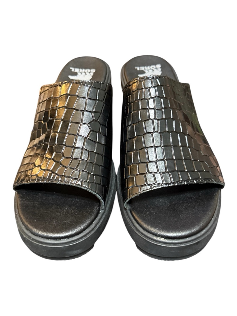 SOREL Joanie Heel Slide Black Faux Croc Block Heel Sandals Size 8 NWOB